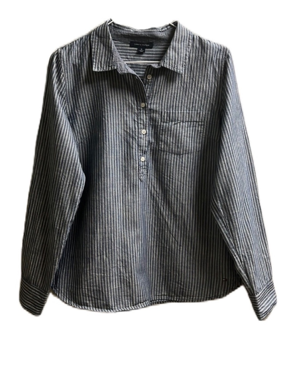 Tommy Hilfiger, 57% Cotton, Blue/White, Collar Button Down,Roll Tab Sleeve Top,M